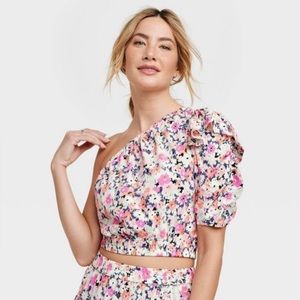 Universal Thread One Shoulder Puff Sleeve Floral Top Small NWT